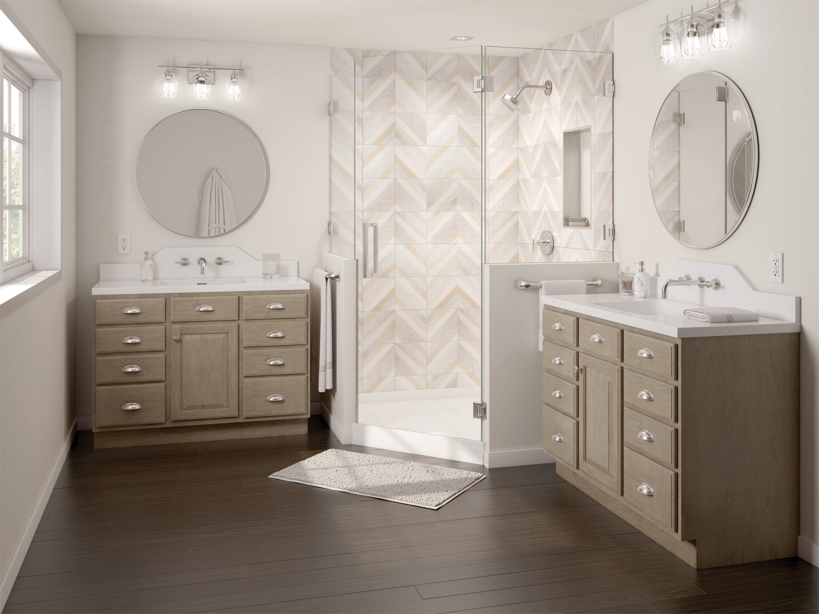 Double bathroom vanities with corner tiled shower with glass enclosure. 